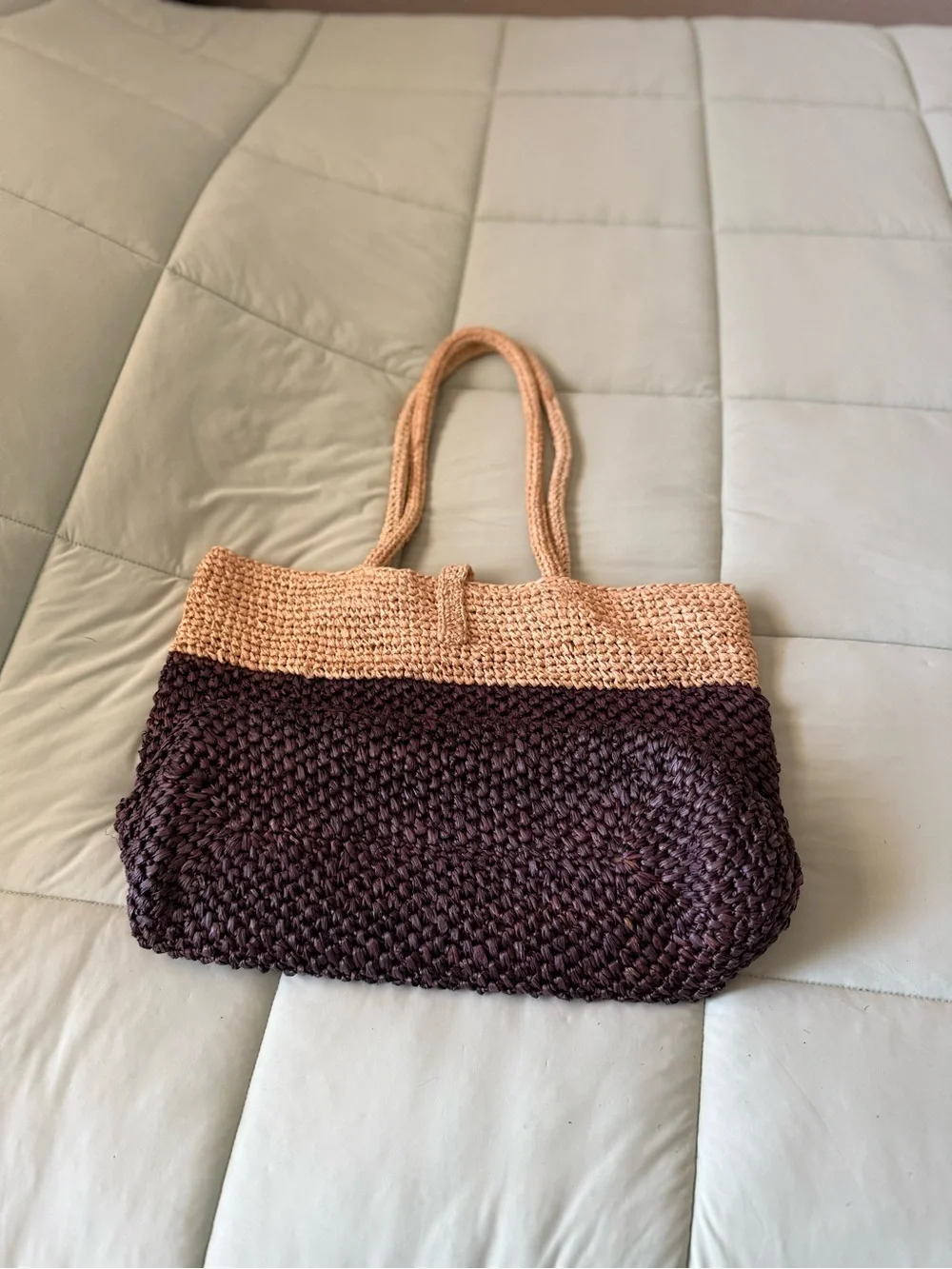 flora Bella Woven Two-Tone Straw Tote Bag - Brown & Tan. Vintage